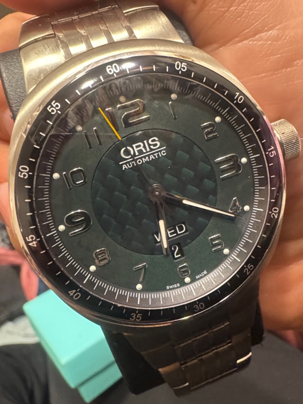 Oris Stainless Steel Watch with Green Textured Dial